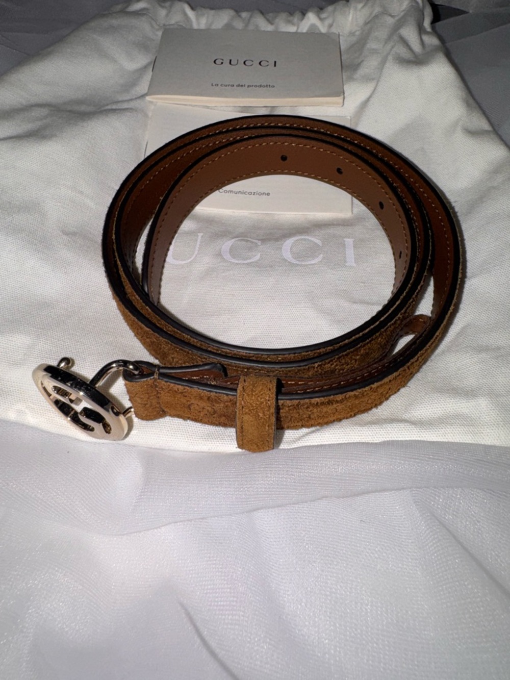 Gucci Tobacco Brown Suede GG Signature Belt with Silver Double G Buckle 85/34 - Picture 4 of 11